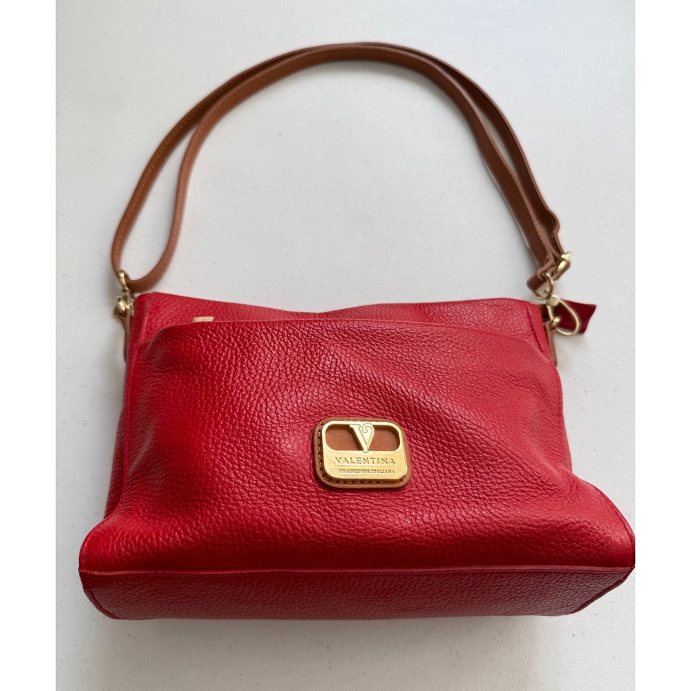Valentina Red Pebbled Leather Crossbody Bag Gold Hardware Italian Made Handbag - Picture 4 of 13